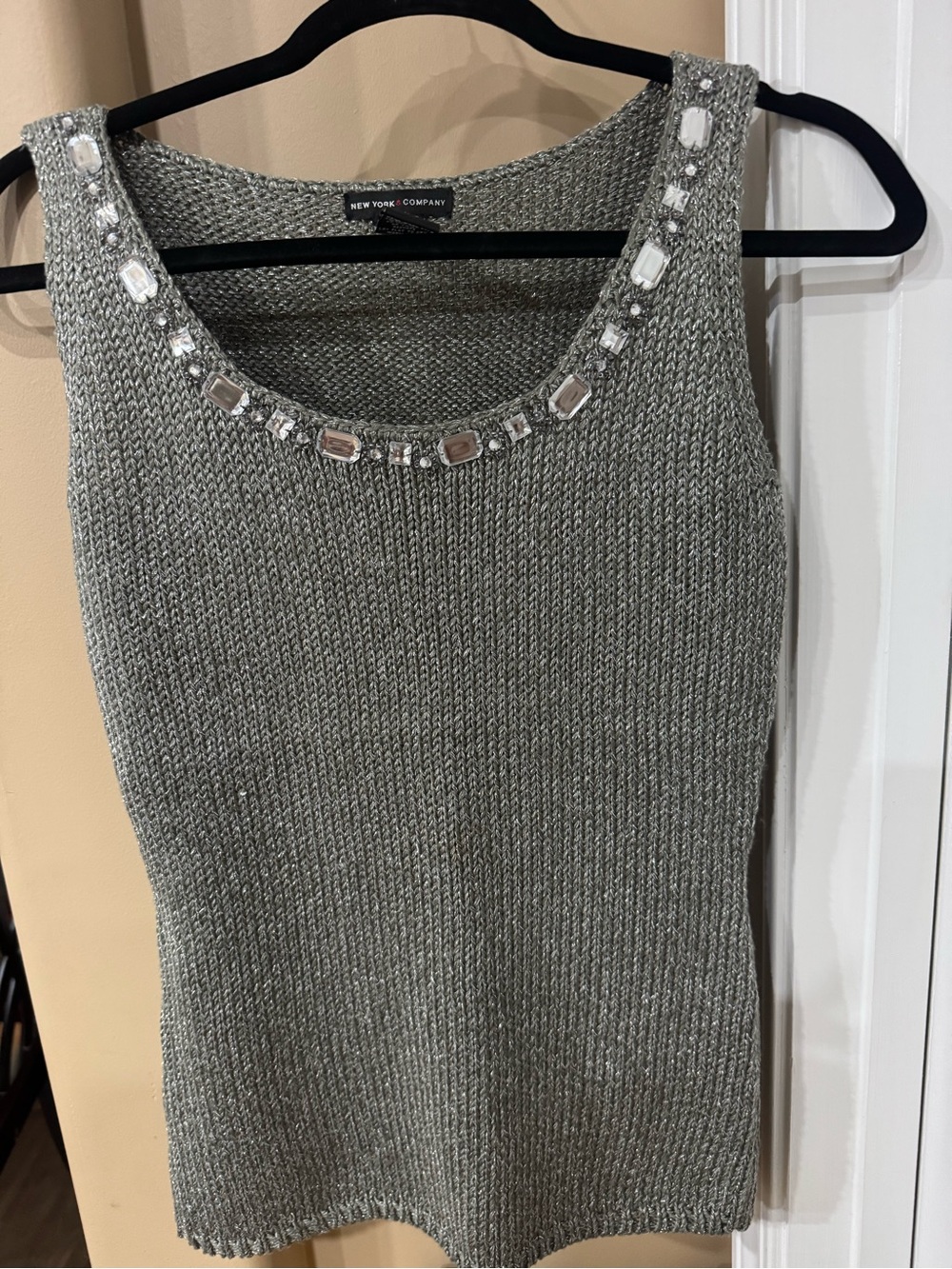 New York & Company Silver Beaded Knit Tank Top (CL-5)
